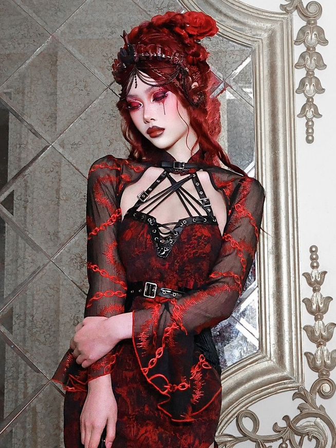 Cheongsam Style Jacquard Qipao Romantic Goth Thigh-high Slit Dress