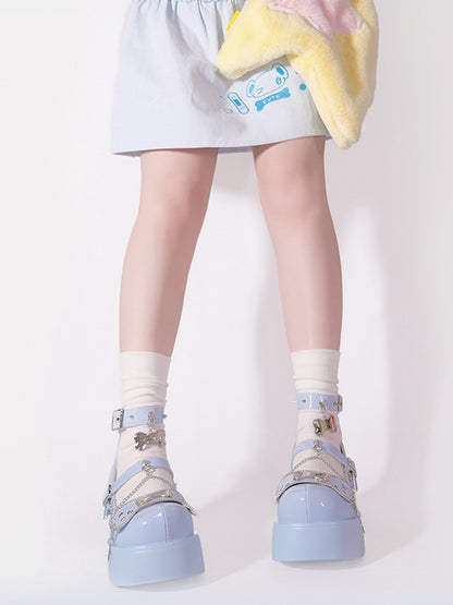 Metal Bones Decorated Blue Platforms Punk Shoes Studs Chain Design