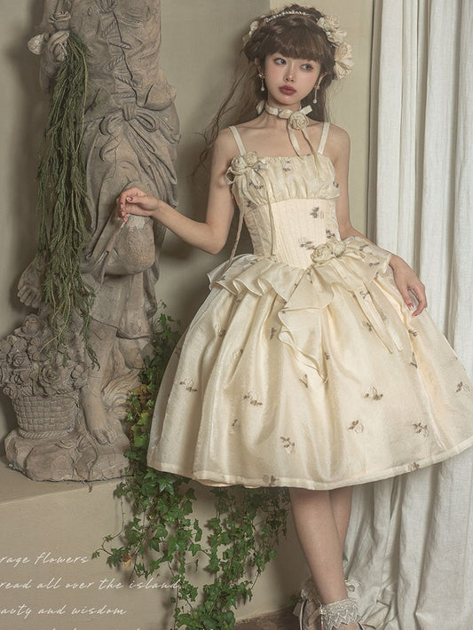 Light Yellow Floral Pattern Boned Bodice Jumper Skirt with Rosette Brooches Long Version