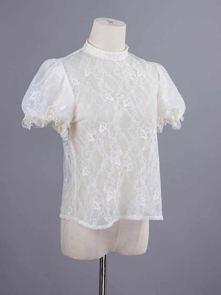 Beige and Black Puff Sleeves Lace Blouse with Detachable Sleeves