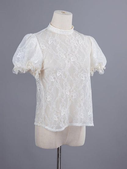 Beige and Black Puff Sleeves Lace Blouse with Detachable Sleeves