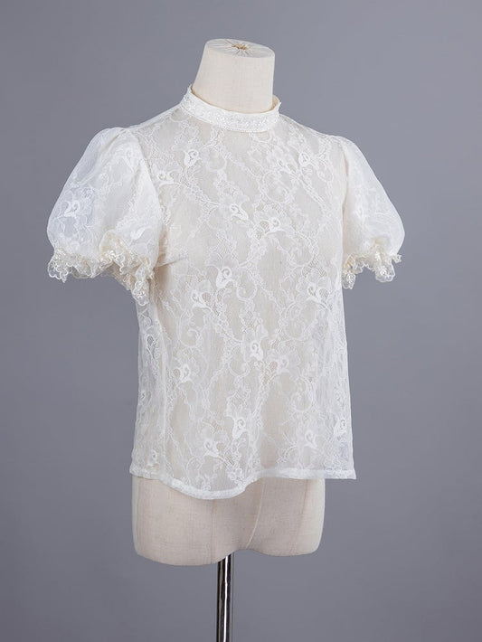 Beige and Black Puff Sleeves Lace Blouse with Detachable Sleeves