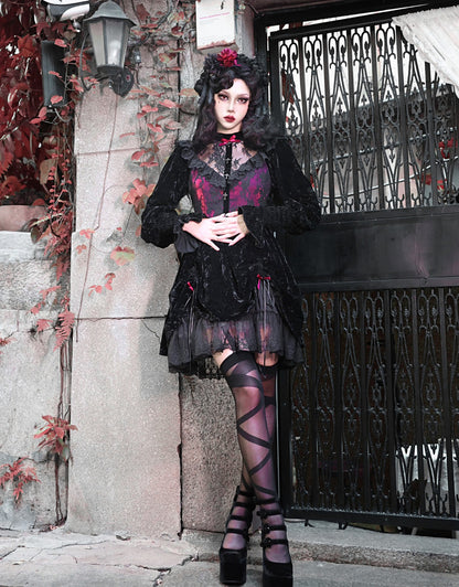 Rose Cemetery Lace Patches Bodice Drawstring Hem Dress