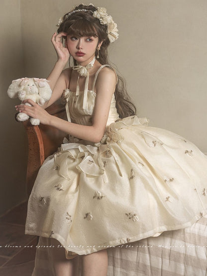 Light Yellow Floral Pattern Boned Bodice Jumper Skirt with Rosette Brooches Long Version