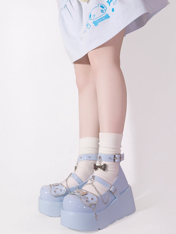 Metal Bones Decorated Blue Platforms Punk Shoes Studs Chain Design