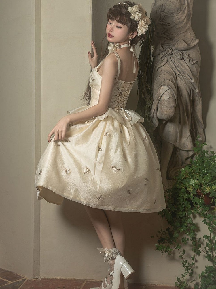 Light Yellow Floral Pattern Boned Bodice Jumper Skirt with Rosette Brooches Long Version