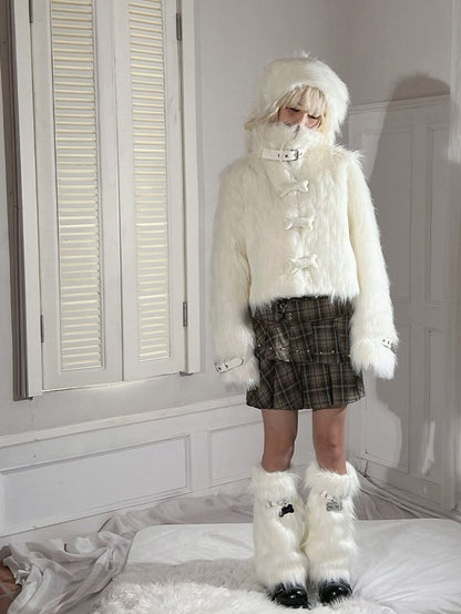 Punk Bone-shaped Buttons Belt Buckles Cuffs White Plush Coat