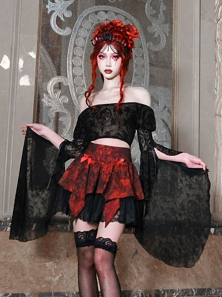 Cross Romantic Goth Top Black Lace Flounce Sleeves Cropped Top