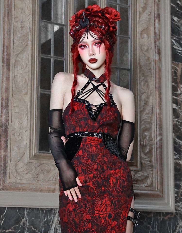 Cheongsam Style Jacquard Qipao Romantic Goth Thigh-high Slit Dress
