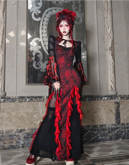 Romantic Goth Jacquard Mermaid Skirt Cascading Ruffle Trim Vampire Outfits