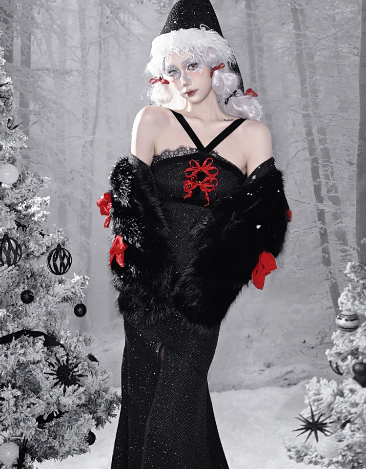 Gothic Christmas Lace Trim Thigh-high Slit Mermaid Skirt Tweed Sheath Dress