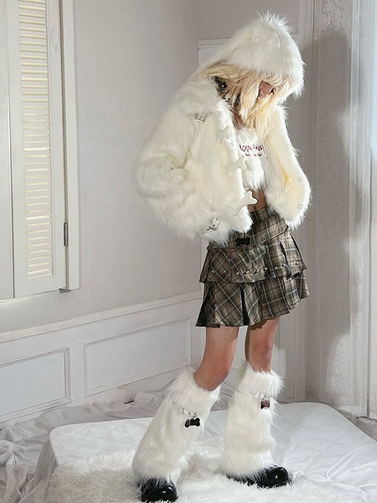 Punk Bone-shaped Buttons Belt Buckles Cuffs White Plush Coat