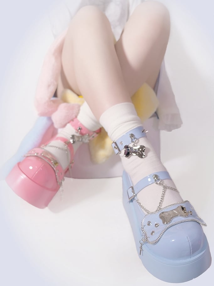 Metal Bones Decorated Pink Platforms Punk Shoes Studs Chain Design