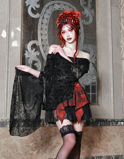 Cross Romantic Goth Top Black Lace Flounce Sleeves Cropped Top