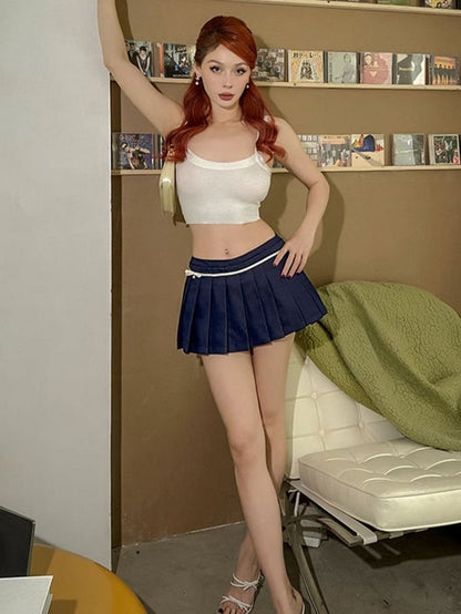 Bowknot Details Blue Pleated Skirt with Undies