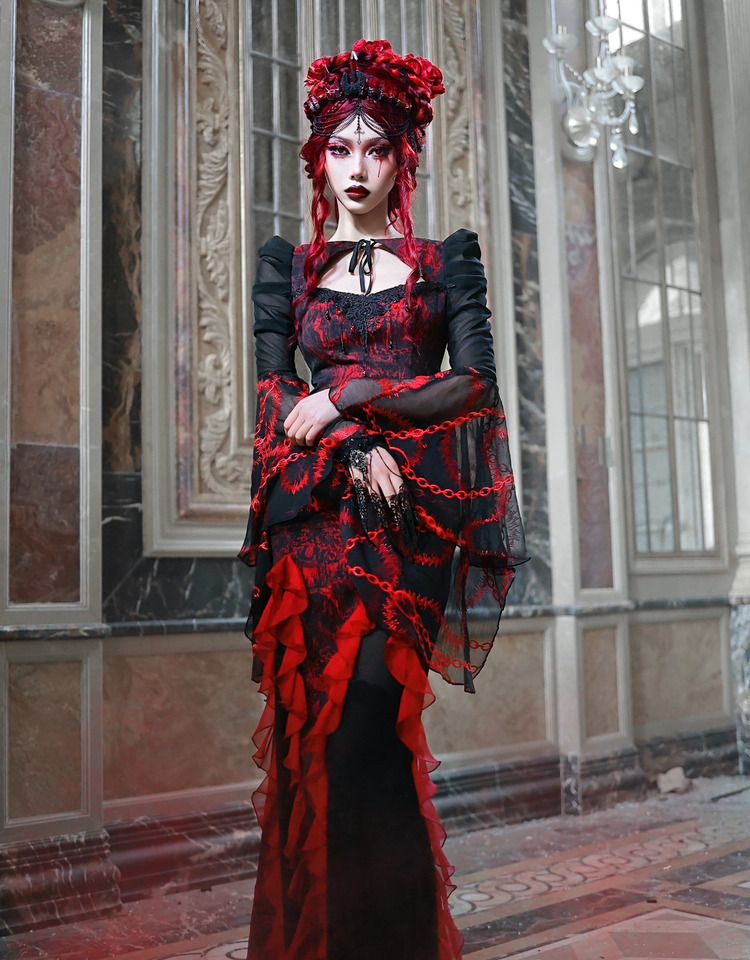 Romantic Goth Jacquard Mermaid Skirt Cascading Ruffle Trim Vampire Outfits