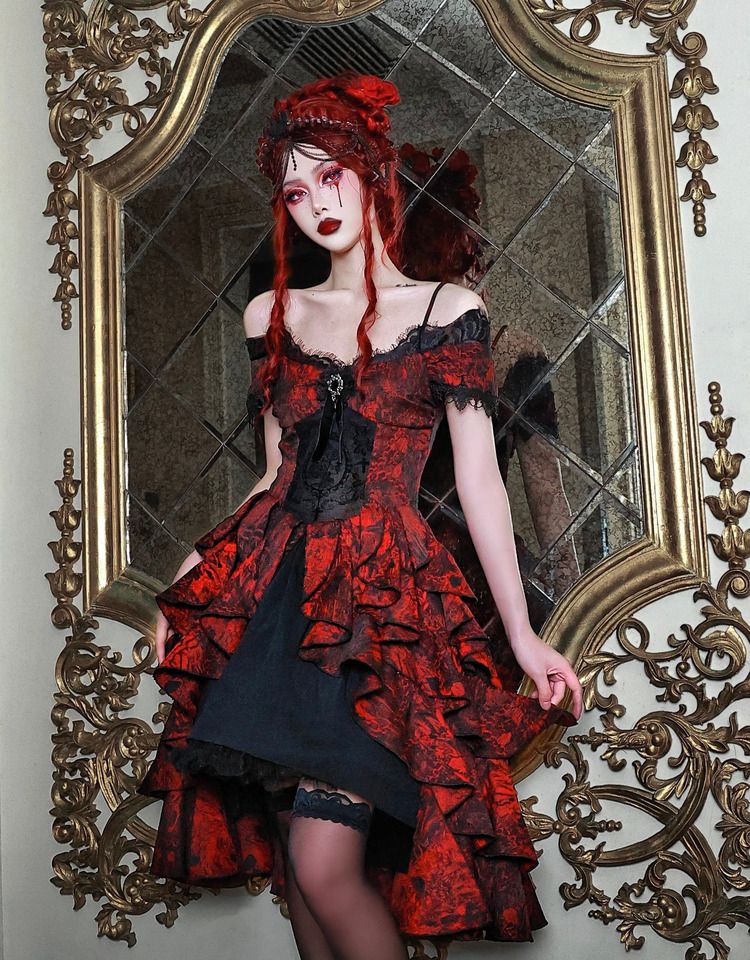 Romantic Goth Dress Cascading Ruffle Trim Wine Red and Black Vampire Dress