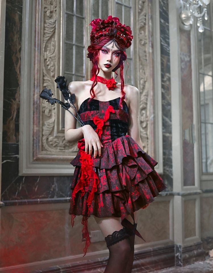 Romantic Goth Strapless Dress Cross at Bodice Jacquard Dress