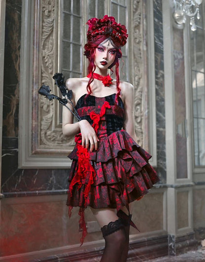 Romantic Goth Strapless Dress Cross at Bodice Jacquard Dress