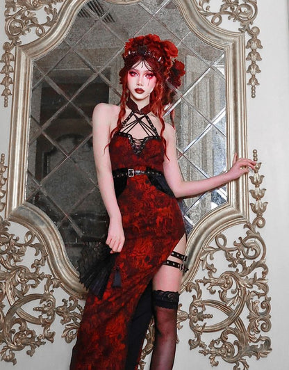 Cheongsam Style Jacquard Qipao Romantic Goth Thigh-high Slit Dress