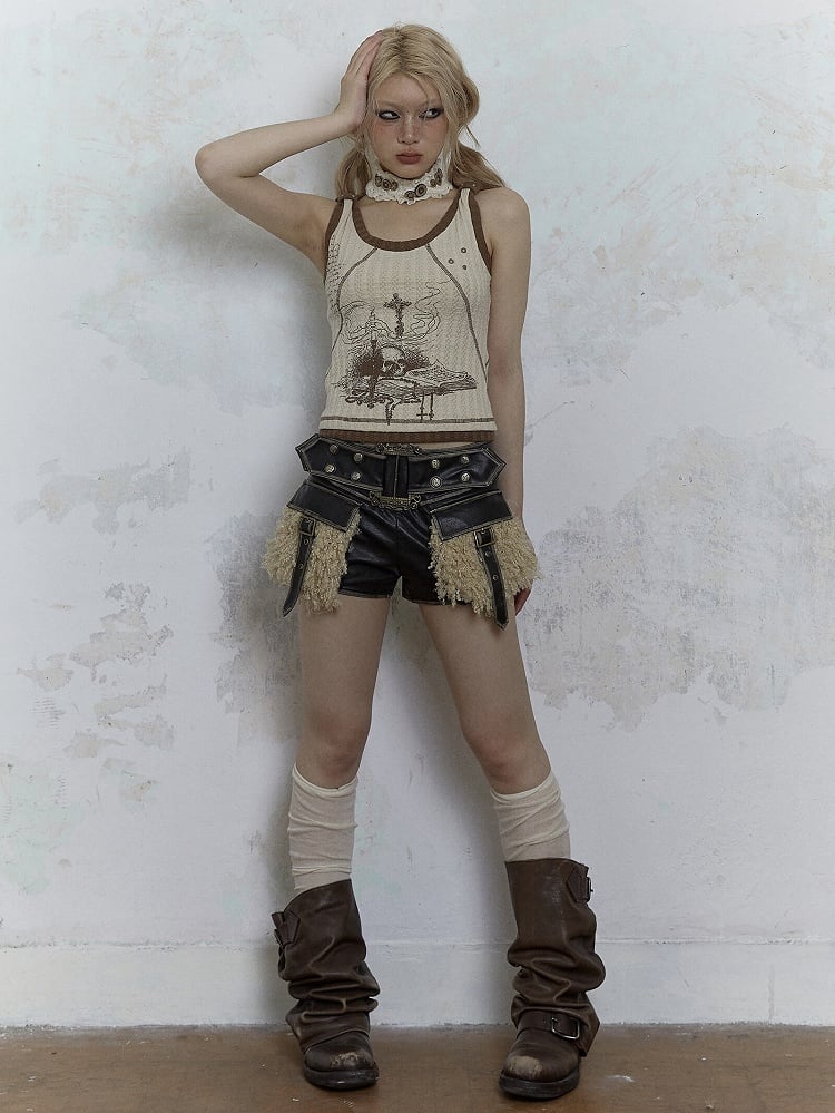 Punk Skull Print Light Brown Knitted Tank Top