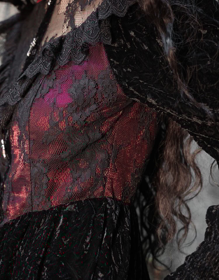 Rose Cemetery Lace Patches Bodice Drawstring Hem Dress