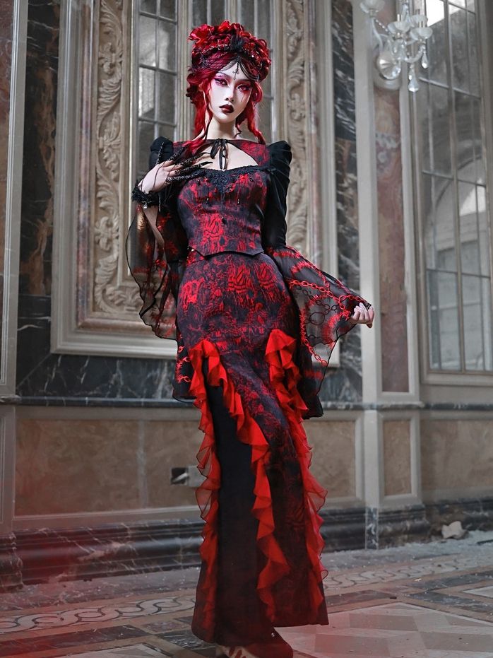 Romantic Goth Jacquard Mermaid Skirt Cascading Ruffle Trim Vampire Outfits