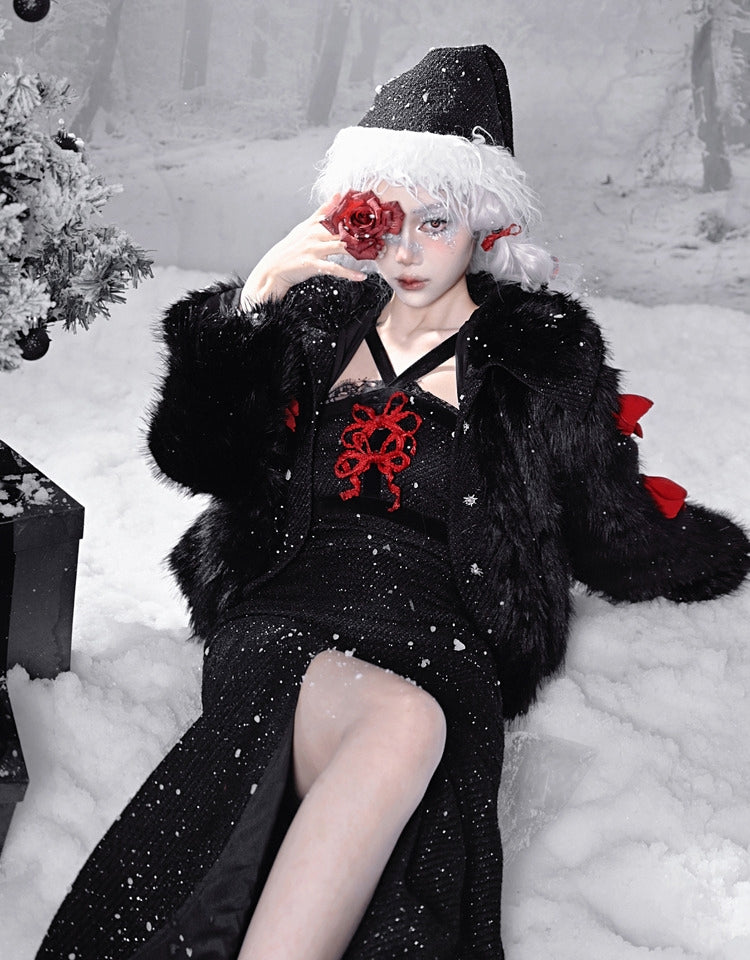 Gothic Christmas Lace Trim Thigh-high Slit Mermaid Skirt Tweed Sheath Dress