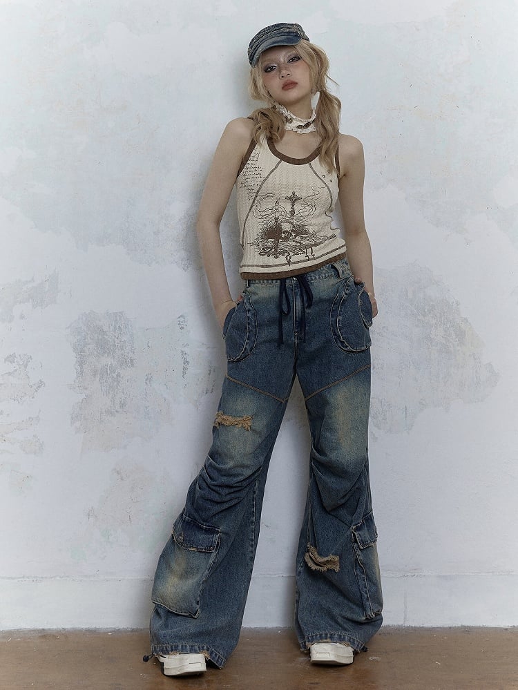 Punk Skull Print Light Brown Knitted Tank Top