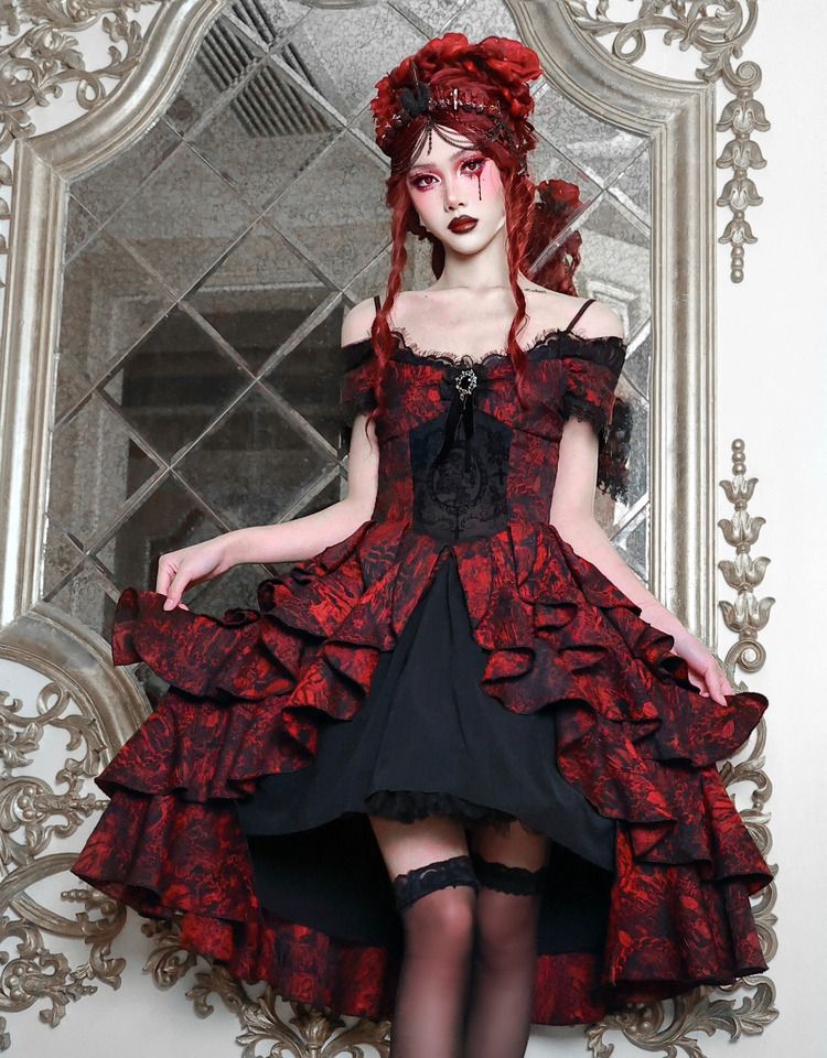 Romantic Goth Dress Cascading Ruffle Trim Wine Red and Black Vampire Dress