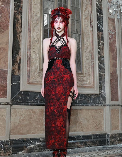 Cheongsam Style Jacquard Qipao Romantic Goth Thigh-high Slit Dress