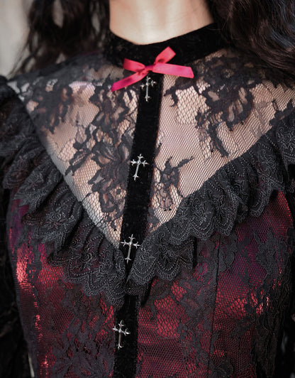 Rose Cemetery Lace Patches Bodice Drawstring Hem Dress