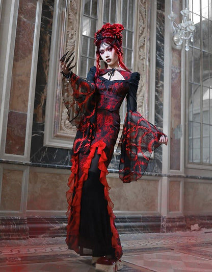 Romantic Goth Jacquard Mermaid Skirt Cascading Ruffle Trim Vampire Outfits