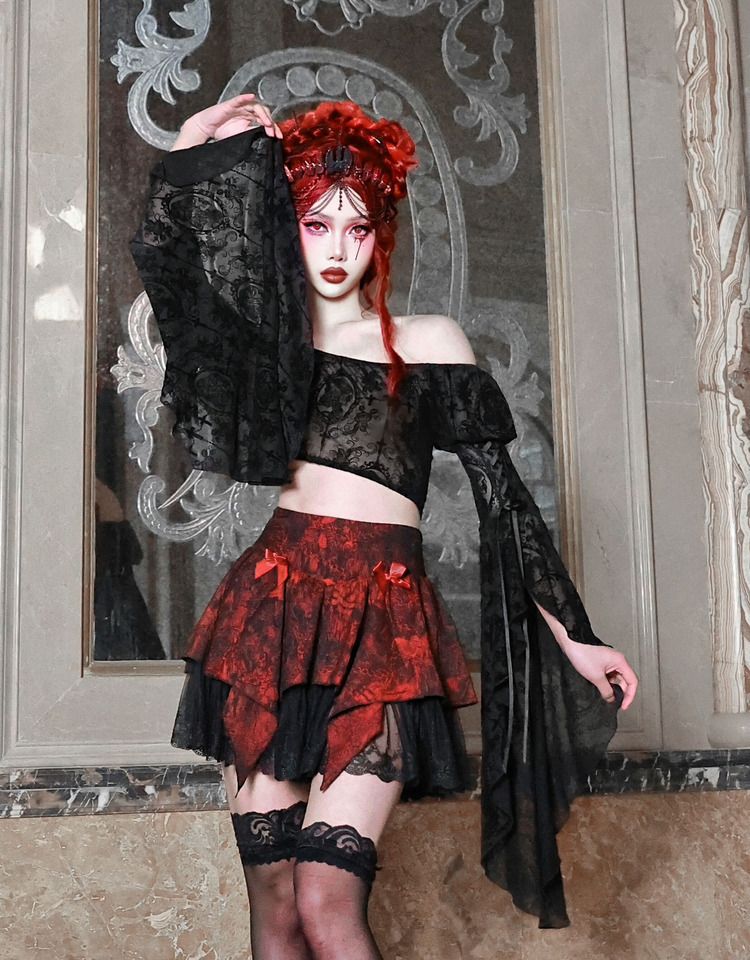 Cross Romantic Goth Top Black Lace Flounce Sleeves Cropped Top