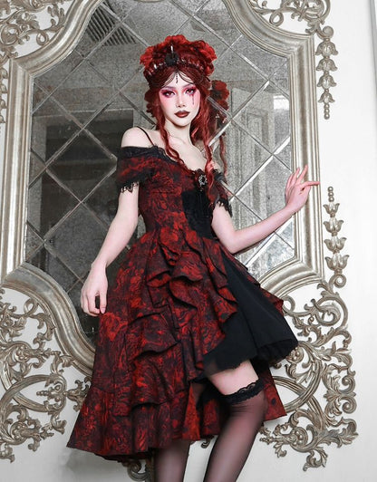 Romantic Goth Dress Cascading Ruffle Trim Wine Red and Black Vampire Dress