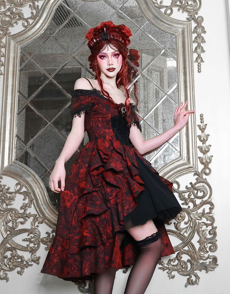 Romantic Goth Dress Cascading Ruffle Trim Wine Red and Black Vampire Dress