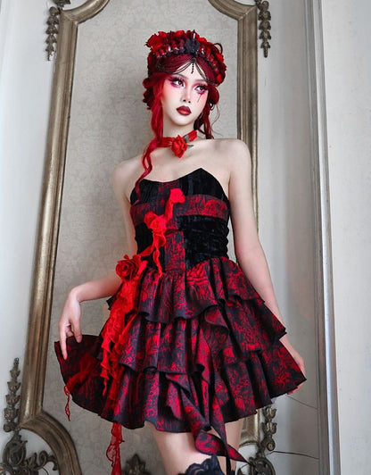 Romantic Goth Strapless Dress Cross at Bodice Jacquard Dress
