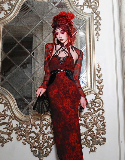 Cheongsam Style Jacquard Qipao Romantic Goth Thigh-high Slit Dress