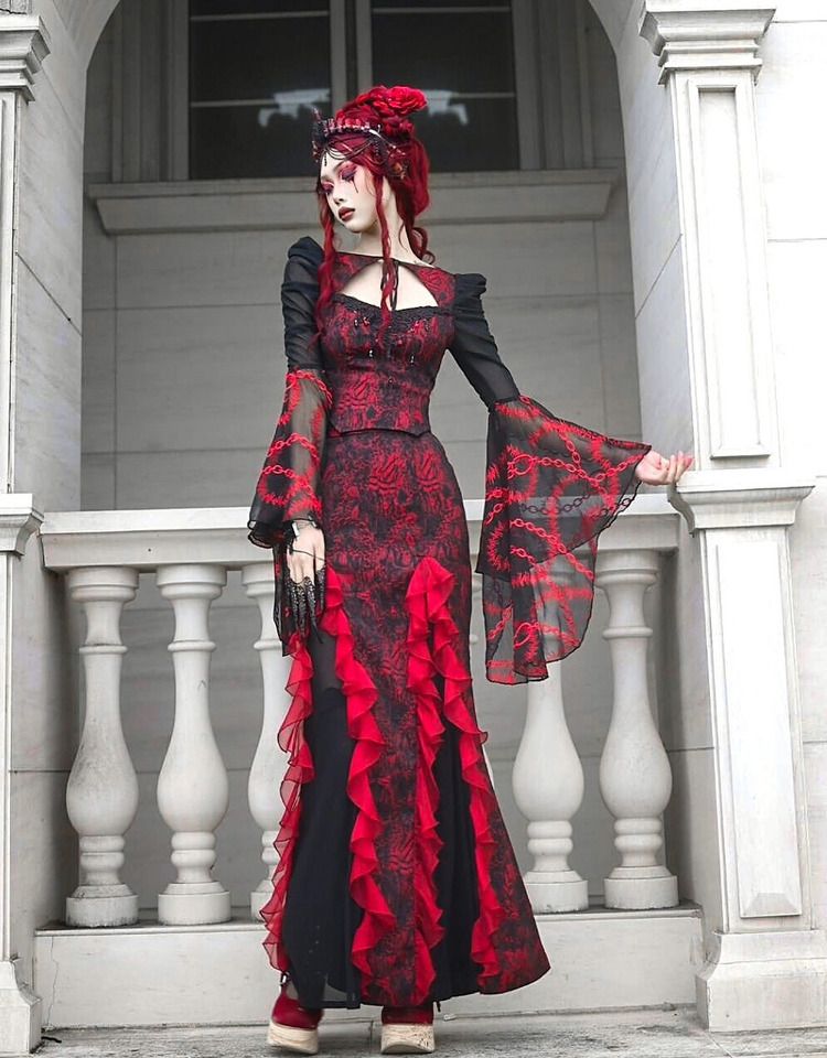 Romantic Goth Jacquard Mermaid Skirt Cascading Ruffle Trim Vampire Outfits