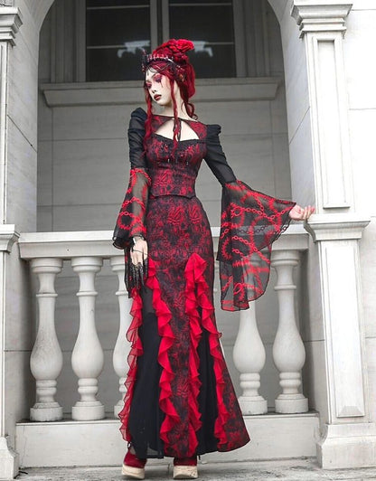 Romantic Goth Jacquard Mermaid Skirt Cascading Ruffle Trim Vampire Outfits