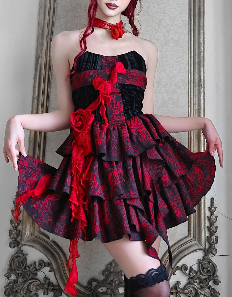 Romantic Goth Strapless Dress Cross at Bodice Jacquard Dress