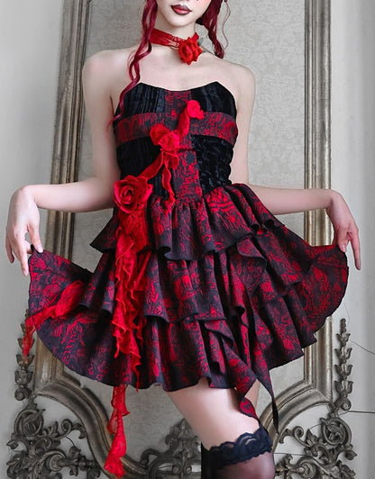 Romantic Goth Strapless Dress Cross at Bodice Jacquard Dress