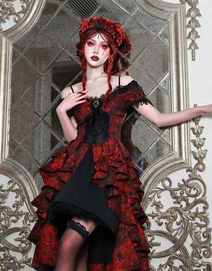 Romantic Goth Dress Cascading Ruffle Trim Wine Red and Black Vampire Dress