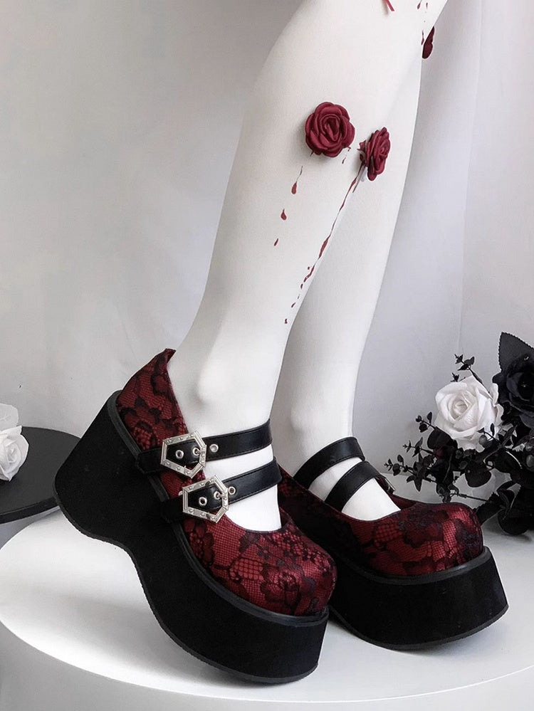 Buckle Straps Platforms Red Lace Round Toe Punk Shoes