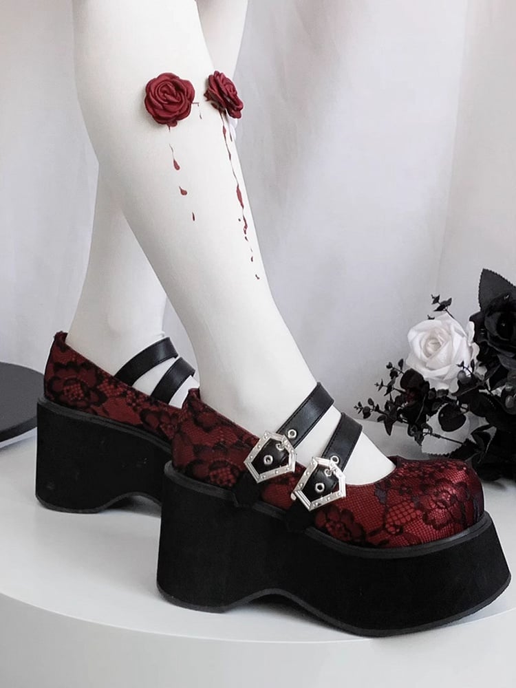 Buckle Straps Platforms Red Lace Round Toe Punk Shoes