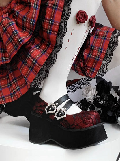 Buckle Straps Platforms Red Lace Round Toe Punk Shoes