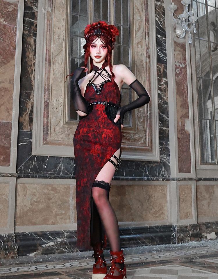 Cheongsam Style Jacquard Qipao Romantic Goth Thigh-high Slit Dress