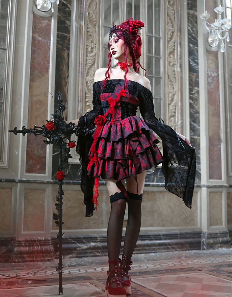 Romantic Goth Strapless Dress Cross at Bodice Jacquard Dress
