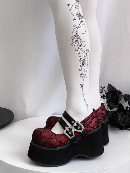 Buckle Straps Platforms Red Lace Round Toe Punk Shoes
