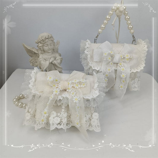 Lace Trim Floral Design Bow White / Beige Shoulder Bag